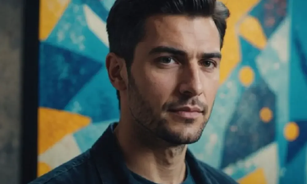 Dejan Kacurov: Exploring Art and Innovation Dejan Kacurov with abstract art in the background.
