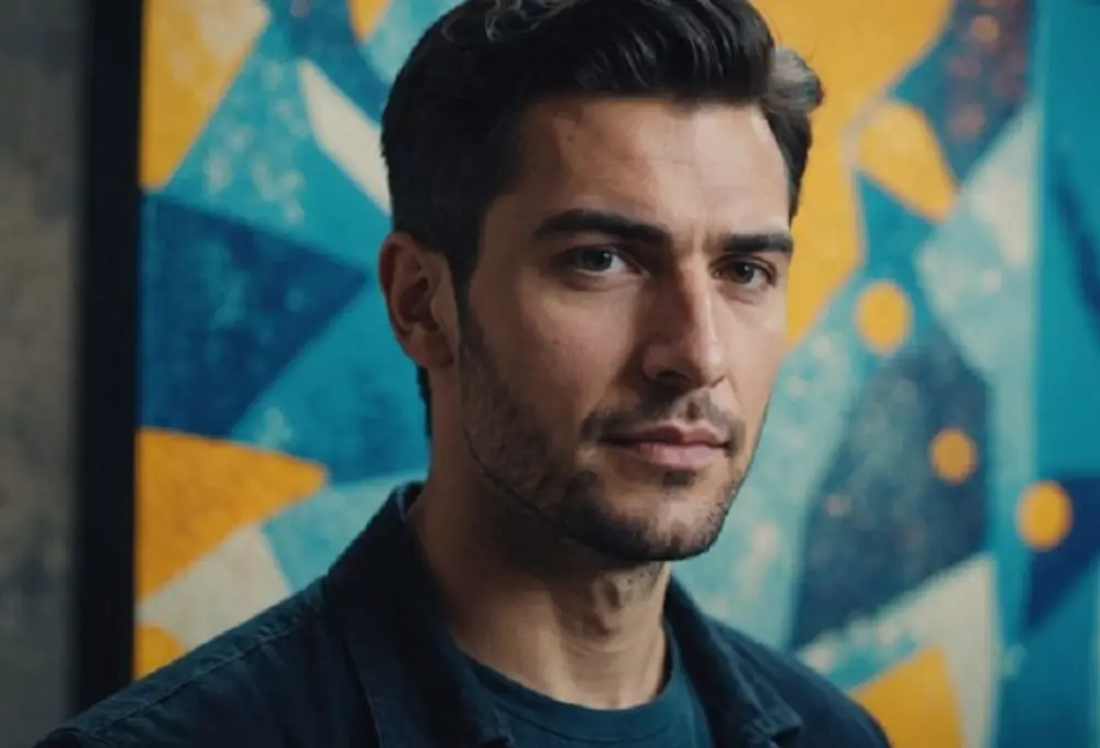 Dejan Kacurov with abstract art in the background.