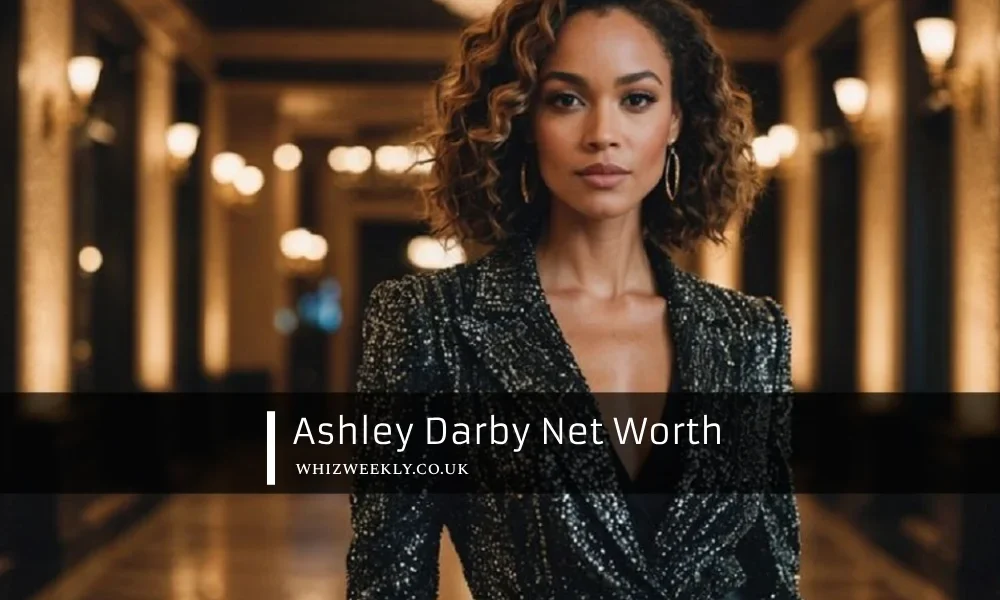 Ashley Darby in elegant attire with luxury background