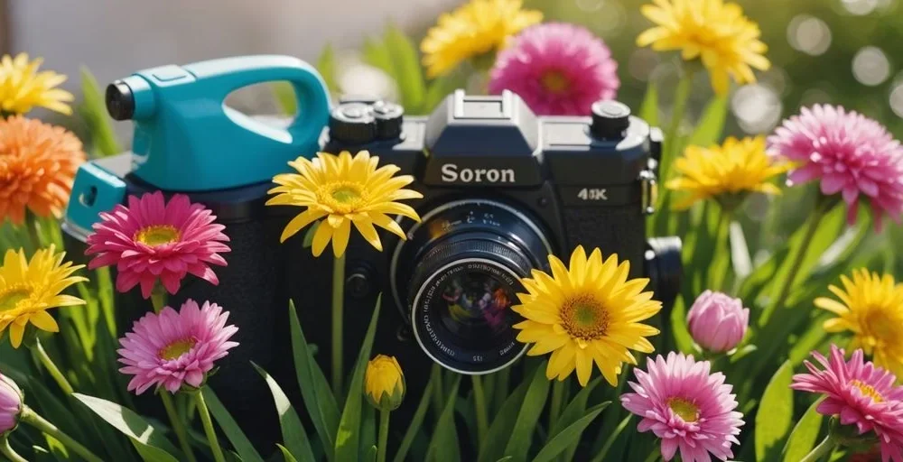 Spring cleaning tools with flowers and sunshine.