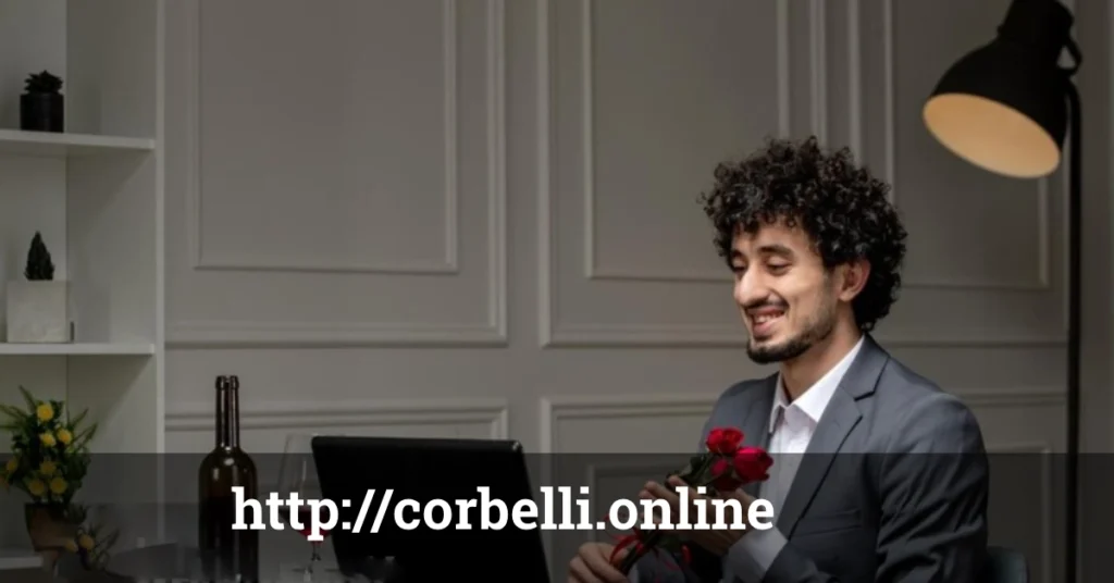 Young professional in gray suit smiling while holding red roses at http://corbelli.online premium shopping experience