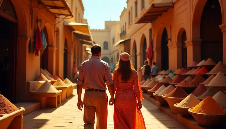 Couple exploring a vibrant Moroccan market with colorful spice stalls under the golden sunlight. 