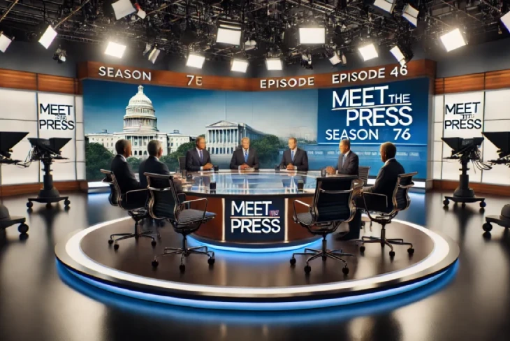 Meet the Press S76E46 logo with Kristen Welker interviewing political guests on set.