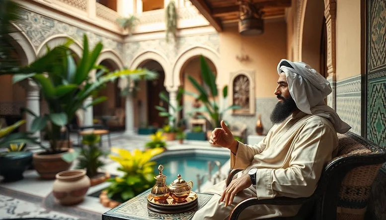 Man enjoying tea in a beautifully decorated Moroccan riad courtyard with lush greenery and traditional design. 