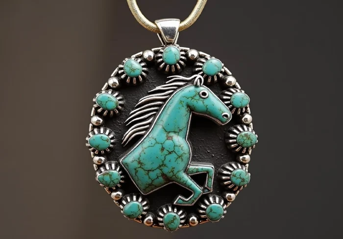 Loren Thomas Begay wild horse magnasite pendant showcasing intricate silverwork and unique stone patterns.