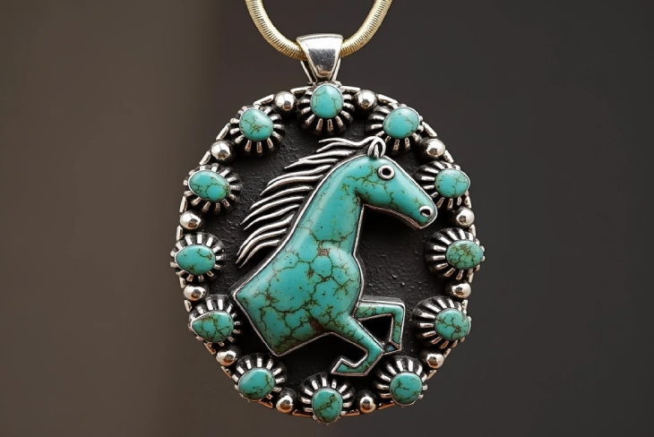 Loren Thomas Begay wild horse magnasite pendant showcasing intricate silverwork and unique stone patterns.