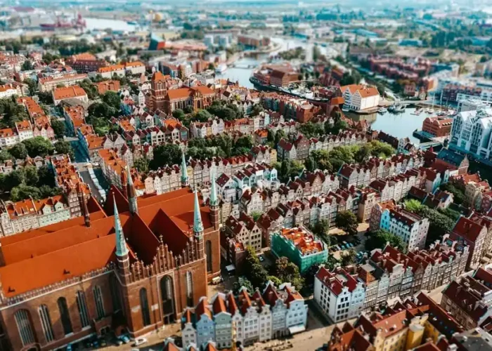 Aerial view of a historic Polish city showcasing cultural heritage, relevant to regaining Polish citizenship and exploring ancestral roots.