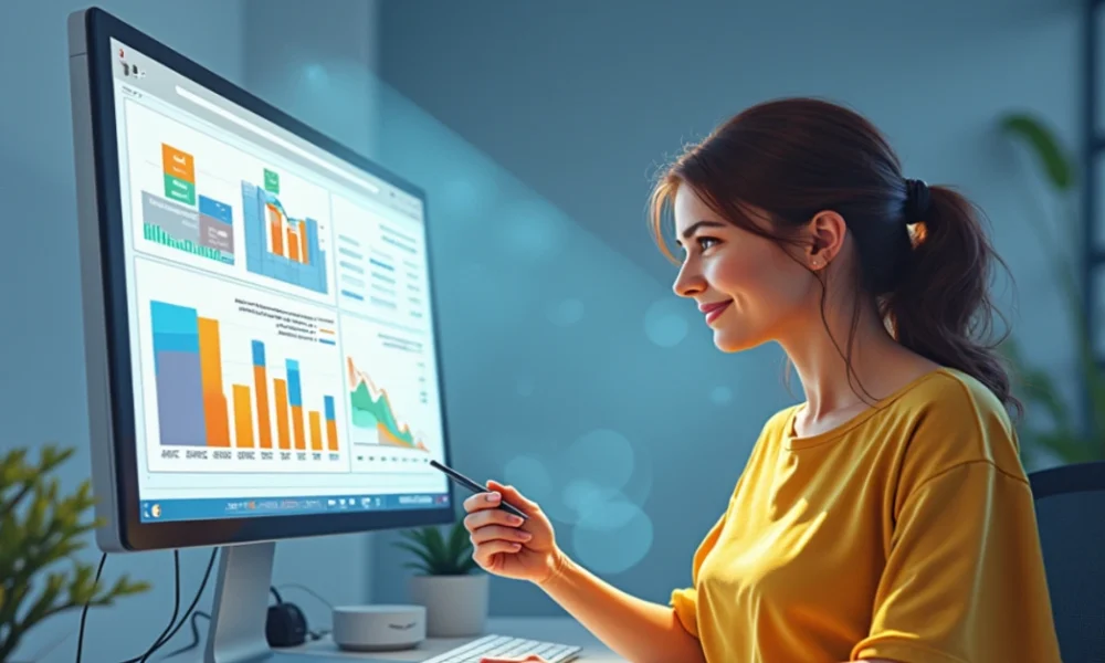 Adsy.pw/hb5: Master Digital Marketing with These Winning Strategies A smiling young woman in a yellow shirt analyzing Adsy.pw/hb5 analytics on a large computer screen, displaying colorful graphs and charts.