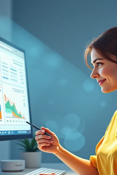 A smiling young woman in a yellow shirt analyzing Adsy.pw/hb5 analytics on a large computer screen, displaying colorful graphs and charts.