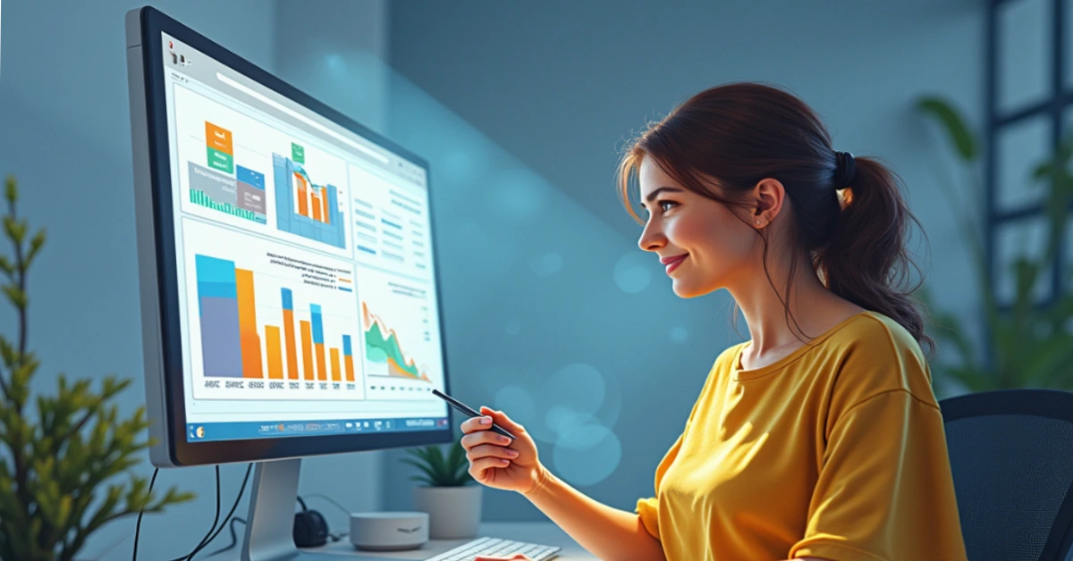 A smiling young woman in a yellow shirt analyzing Adsy.pw/hb5 analytics on a large computer screen, displaying colorful graphs and charts.