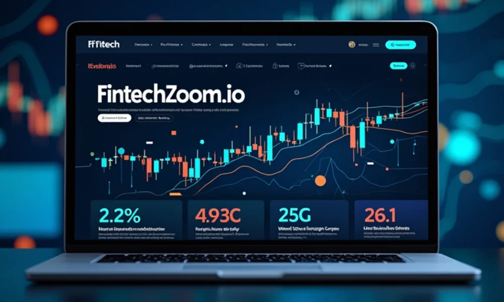 What Is FintechZoom.io and Why Does It Matter? FintechZoom.io platform interface showcasing real-time financial analytics, stock charts, and market insights on a laptop screen.