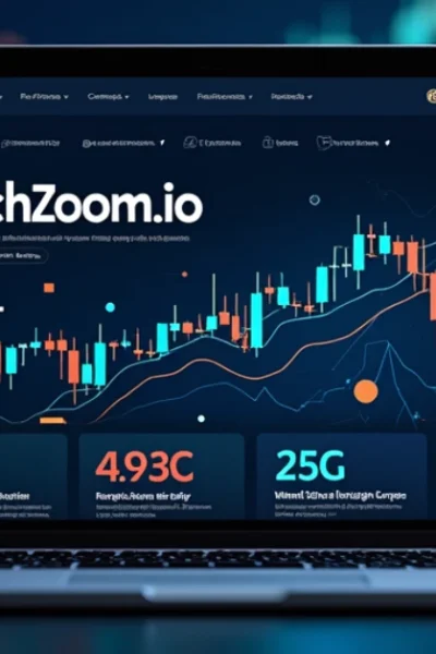 FintechZoom.io platform interface showcasing real-time financial analytics, stock charts, and market insights on a laptop screen.