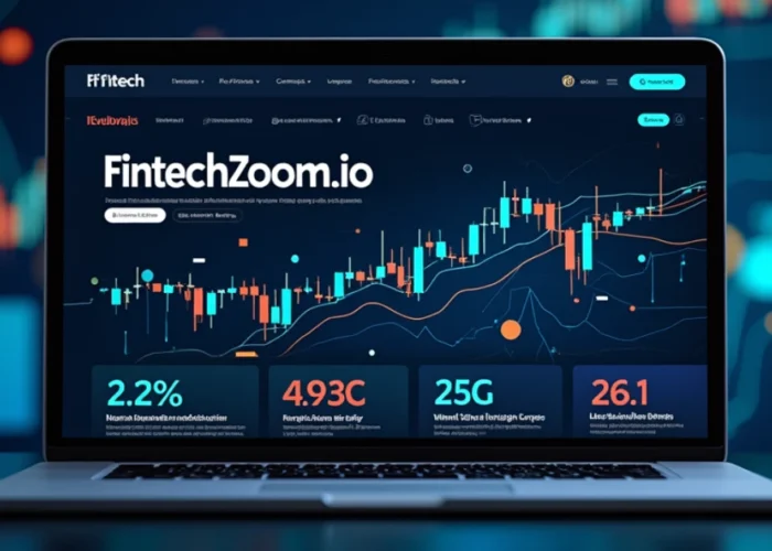 FintechZoom.io platform interface showcasing real-time financial analytics, stock charts, and market insights on a laptop screen.