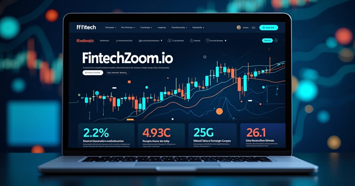 FintechZoom.io platform interface showcasing real-time financial analytics, stock charts, and market insights on a laptop screen.