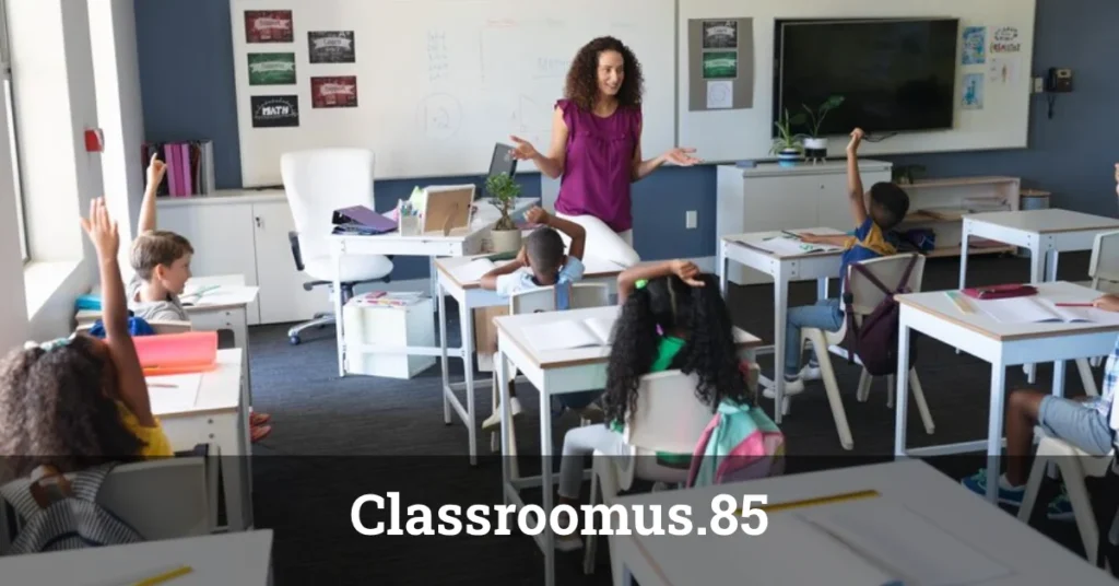 Classroomus.85 smart classroom technology with students using interactive 85-inch touchscreen for personalized AI-driven learning activities.