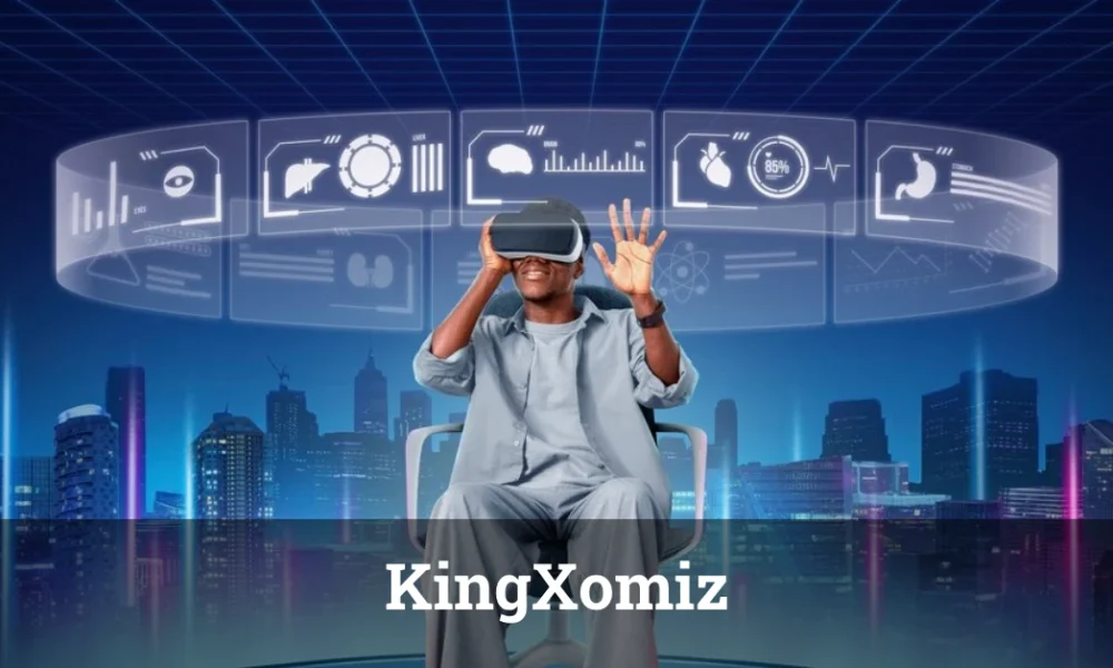 KingXomiz: The Ultimate Guide to Premium Innovation & Technology in 2025 Person wearing VR headset interacting with futuristic medical holographic displays showing organ and health metrics against cityscape background, featuring KingXomiz technology.