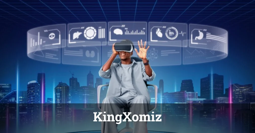 Person wearing VR headset interacting with futuristic medical holographic displays showing organ and health metrics against cityscape background, featuring KingXomiz technology.
