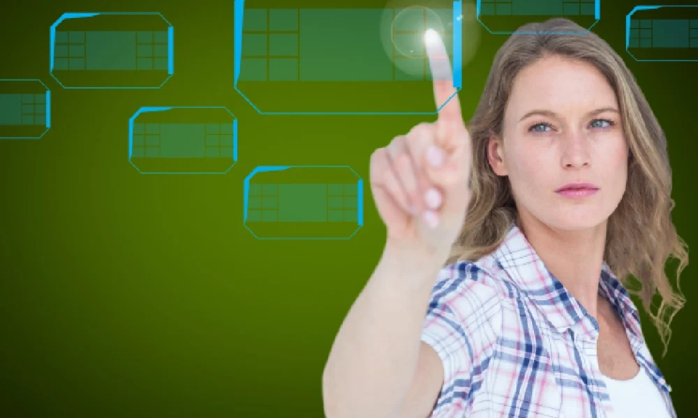 What Is Pi123? Your Complete Guide to This Multi-Purpose Technology Woman interacting with digital pi123 interface showing various applications of the multi-purpose technology platform against green background