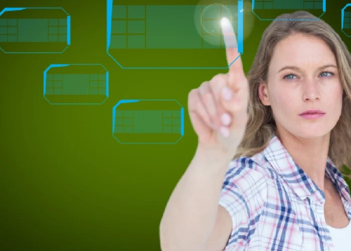 Woman interacting with digital pi123 interface showing various applications of the multi-purpose technology platform against green background