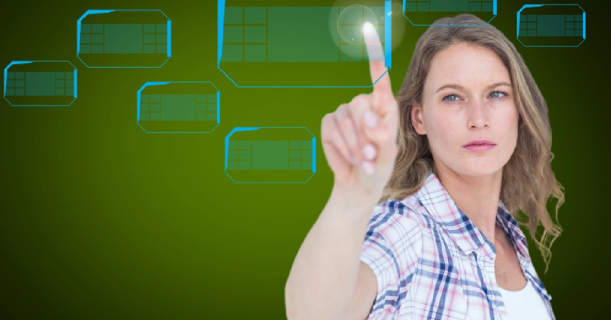 Woman interacting with digital pi123 interface showing various applications of the multi-purpose technology platform against green background