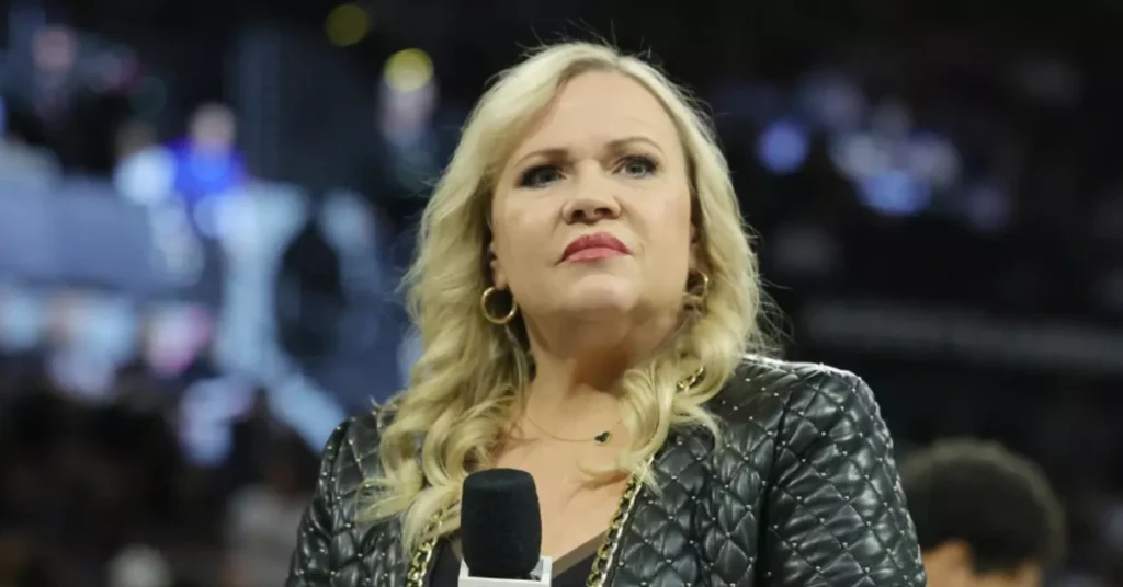 Holly Rowe Net Worth spotlight: ESPN sports reporter Holly Rowe delivering sideline coverage during a college football game in 2025.