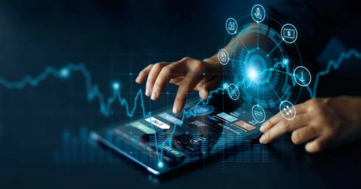Hands interacting with a digital tablet surrounded by futuristic icons and data graphs, symbolizing the impact of Iversær on tech-driven industries.