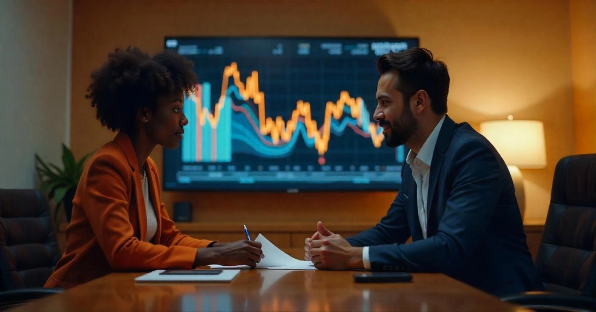 PedroVazPaulo Financial Consulting expert reviewing financial plans with a client in a modern office, focusing on personalized investment strategies.