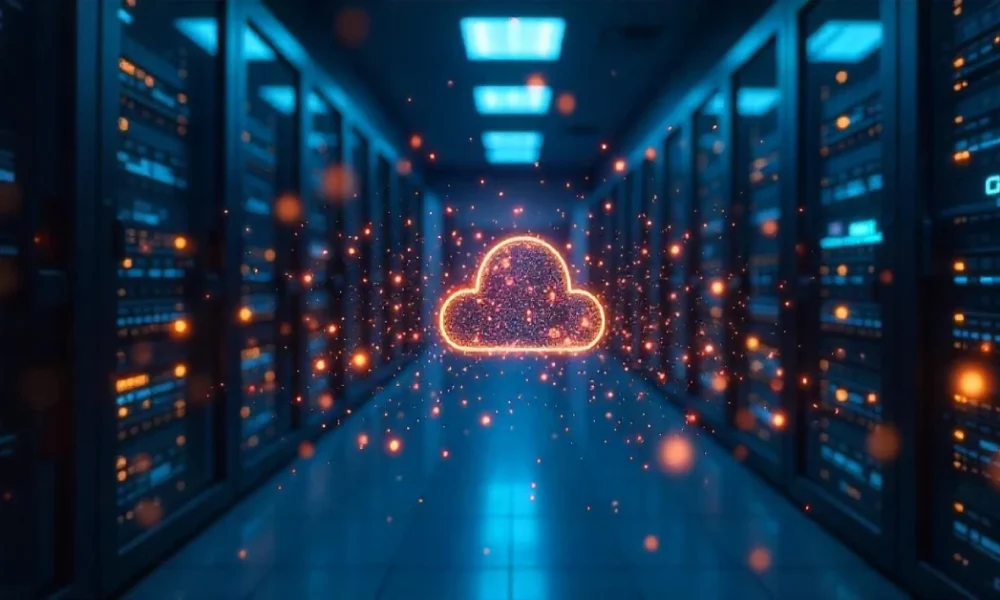 Telemetryczny cloud system glowing in a futuristic data center, symbolizing advanced telemetry technology and real-time connectivity.