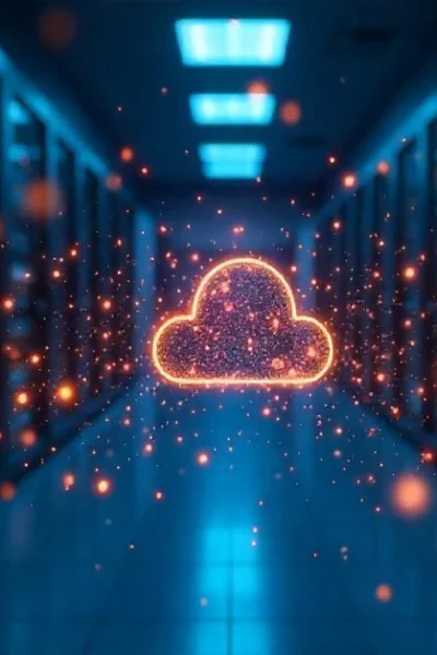 Telemetryczny cloud system glowing in a futuristic data center, symbolizing advanced telemetry technology and real-time connectivity.