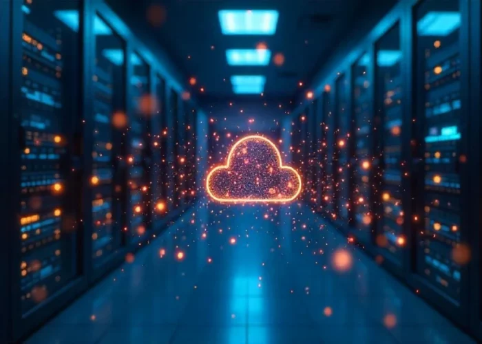 Telemetryczny cloud system glowing in a futuristic data center, symbolizing advanced telemetry technology and real-time connectivity.