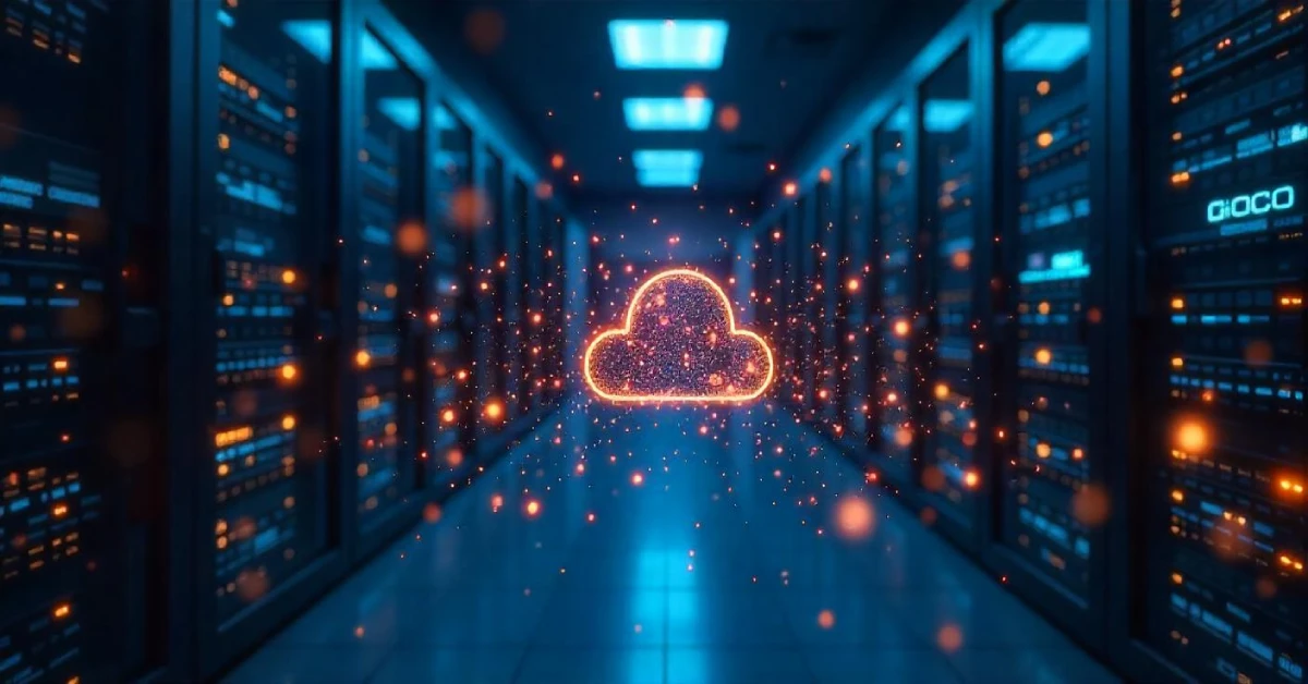 Telemetryczny cloud system glowing in a futuristic data center, symbolizing advanced telemetry technology and real-time connectivity.