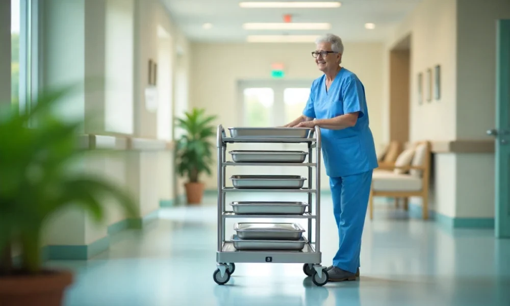 Afruimwagens: Your Guide to Easier Mobility and Safety Caregiver pushing a stainless steel afruimwagen with meal trays in a hospital corridor.