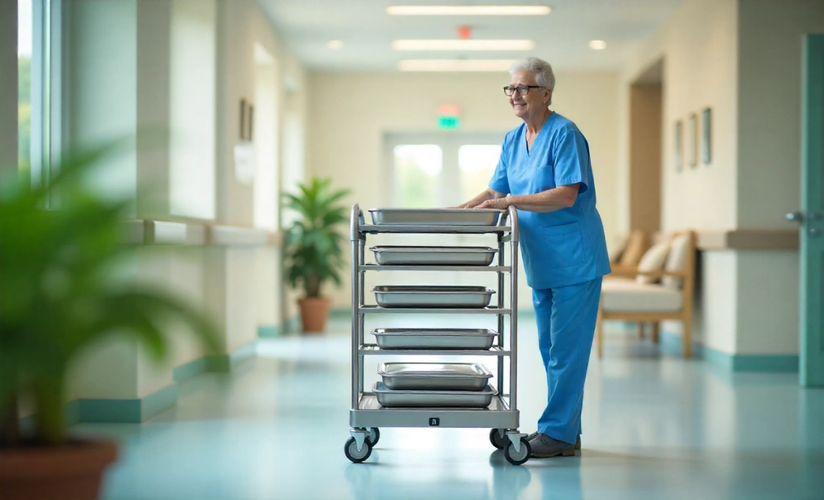 Caregiver pushing a stainless steel afruimwagen with meal trays in a hospital corridor.
