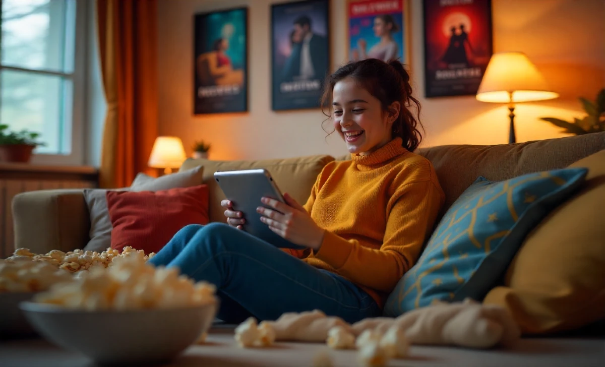 A person streaming doodflix movies on a tablet, surrounded by popcorn and movie posters, enjoying a cozy movie night at home.