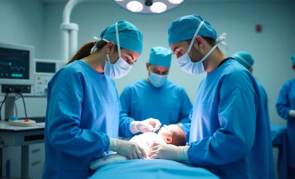 Newborn with Gastroshiza receiving care from medical team in NICU - gastroschisis treatment and recovery support