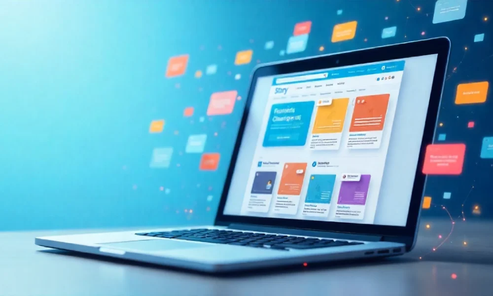 Laptop displaying story categorization website with colorful content tags and organized story cards for Literotica story tags system