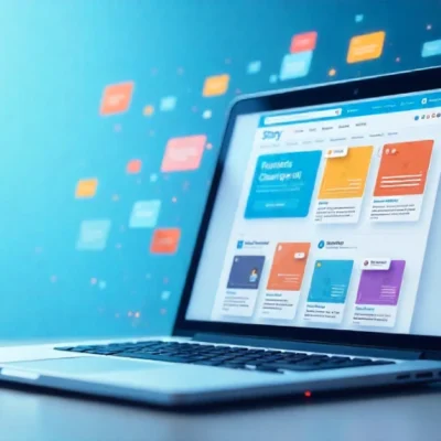 Laptop displaying story categorization website with colorful content tags and organized story cards for Literotica story tags system