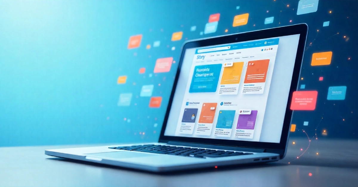 Laptop displaying story categorization website with colorful content tags and organized story cards for Literotica story tags system
