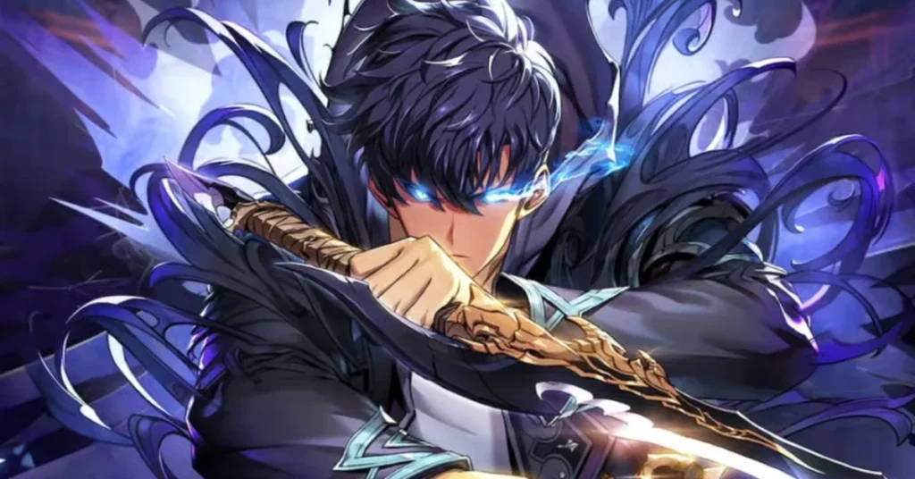 Solo Leveling manga main character Sung Jin-Woo with glowing blue eyes wielding daggers surrounded by purple shadow energy