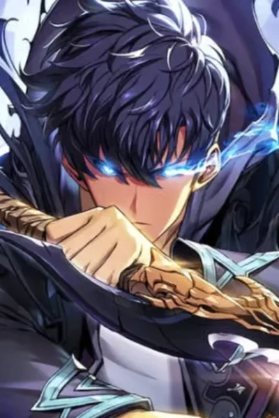 Solo Leveling manga main character Sung Jin-Woo with glowing blue eyes wielding daggers surrounded by purple shadow energy