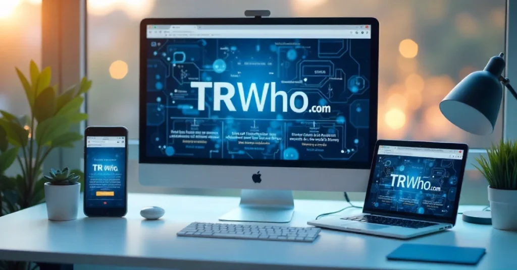 TRWho.com website displayed on desktop computer, laptop and smartphone showing multi-platform digital content interface