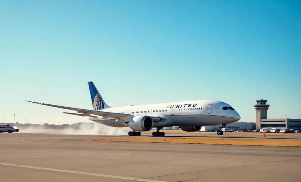 United Airlines Flight UA770 emergency diversion landing safely at Denver International Airport with emergency vehicles
