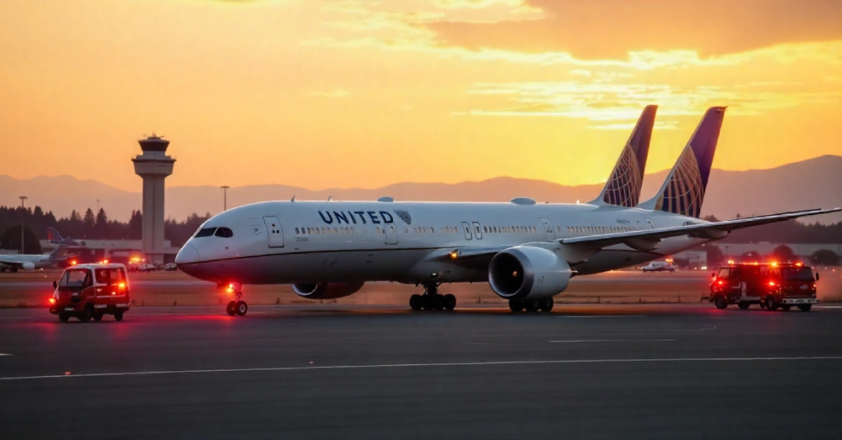United Airlines Flight UA770 emergency diversion Boeing 787 safely landed Denver airport with emergency vehicles on runway