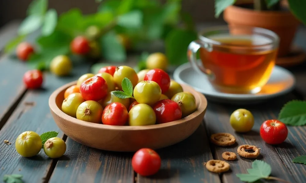Fresh and dried Žižole jujube fruits in wooden bowl with green leaves and tea cup on rustic table