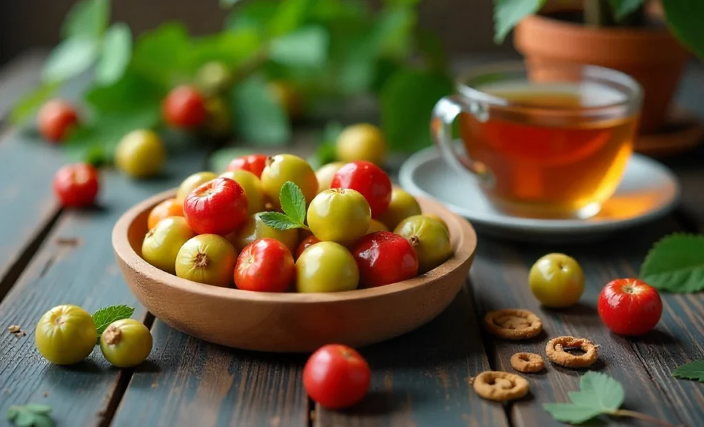 Fresh and dried Žižole jujube fruits in wooden bowl with green leaves and tea cup on rustic table