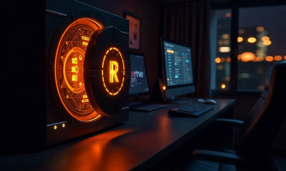 iCryptox.com Security: Your Cheat Code to Protecting Crypto Like a Pro Futuristic digital vault with iCryptox.com security features like AES-256 encryption, 2FA devices, cold wallet storage, and AI fraud detection in a sleek room.