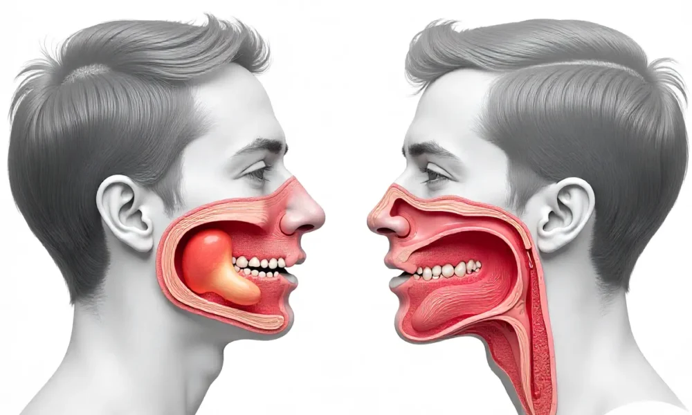 Adenoiditis symptoms diagram showing throat inflammation and adenoidid treatment methods for breathing relief