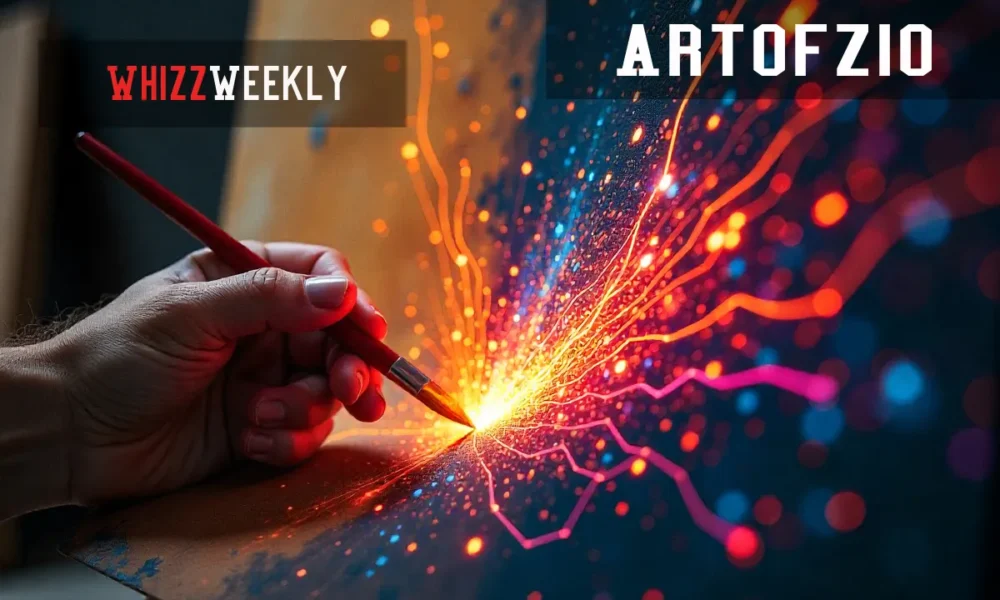 Vibrant Artofzio artwork merging traditional brush strokes with AI-generated digital patterns, inspiring creativity in 2025.