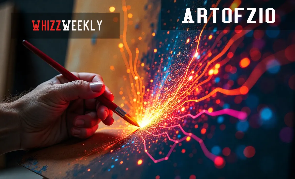 Vibrant Artofzio artwork merging traditional brush strokes with AI-generated digital patterns, inspiring creativity in 2025.