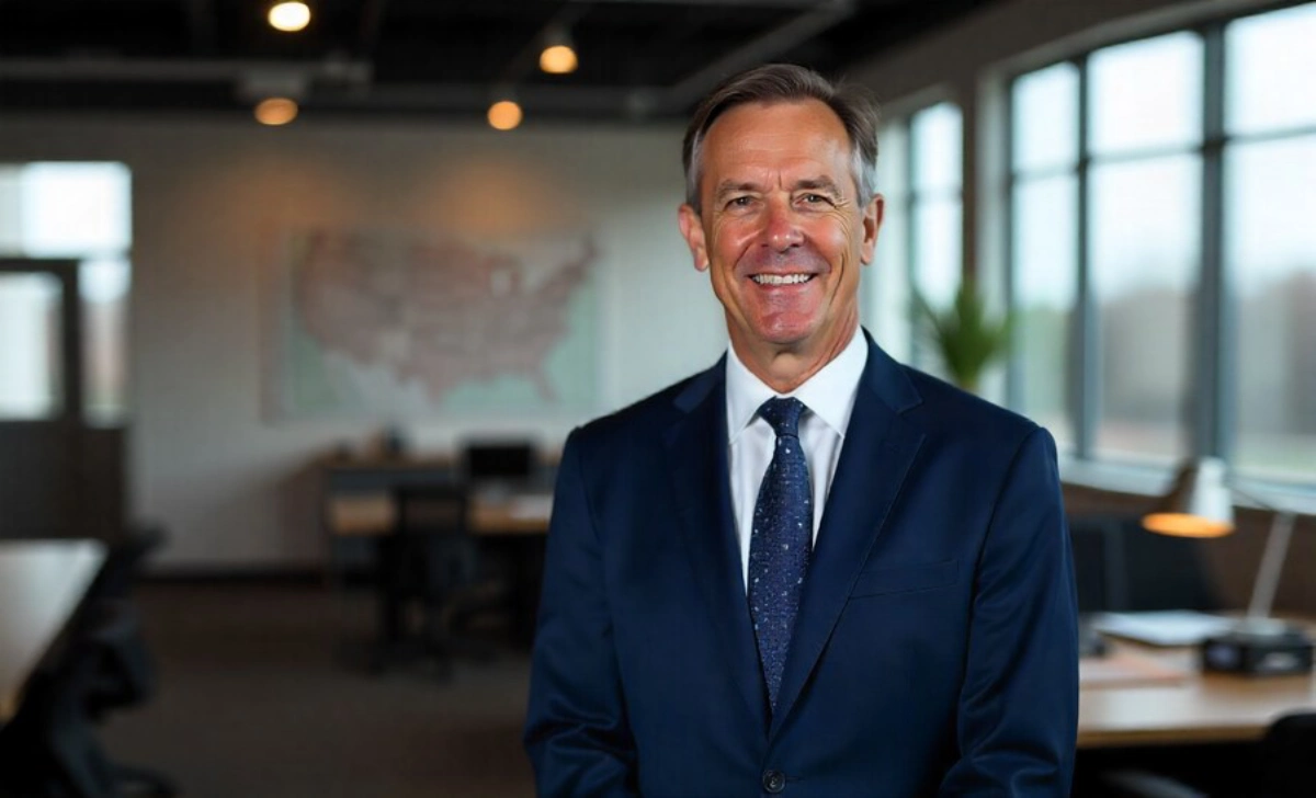Claude Elkins Norfolk Southern executive in business suit standing in railroad office with trains in background